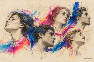 Cinque volti disegnati a matita su carta color avorio, intrecciati a pennellate blu, azzurre, viola, rosa e giallo-arancio. I tratti restano incompiuti. In basso a destra, la firma Eroiche Passioni.