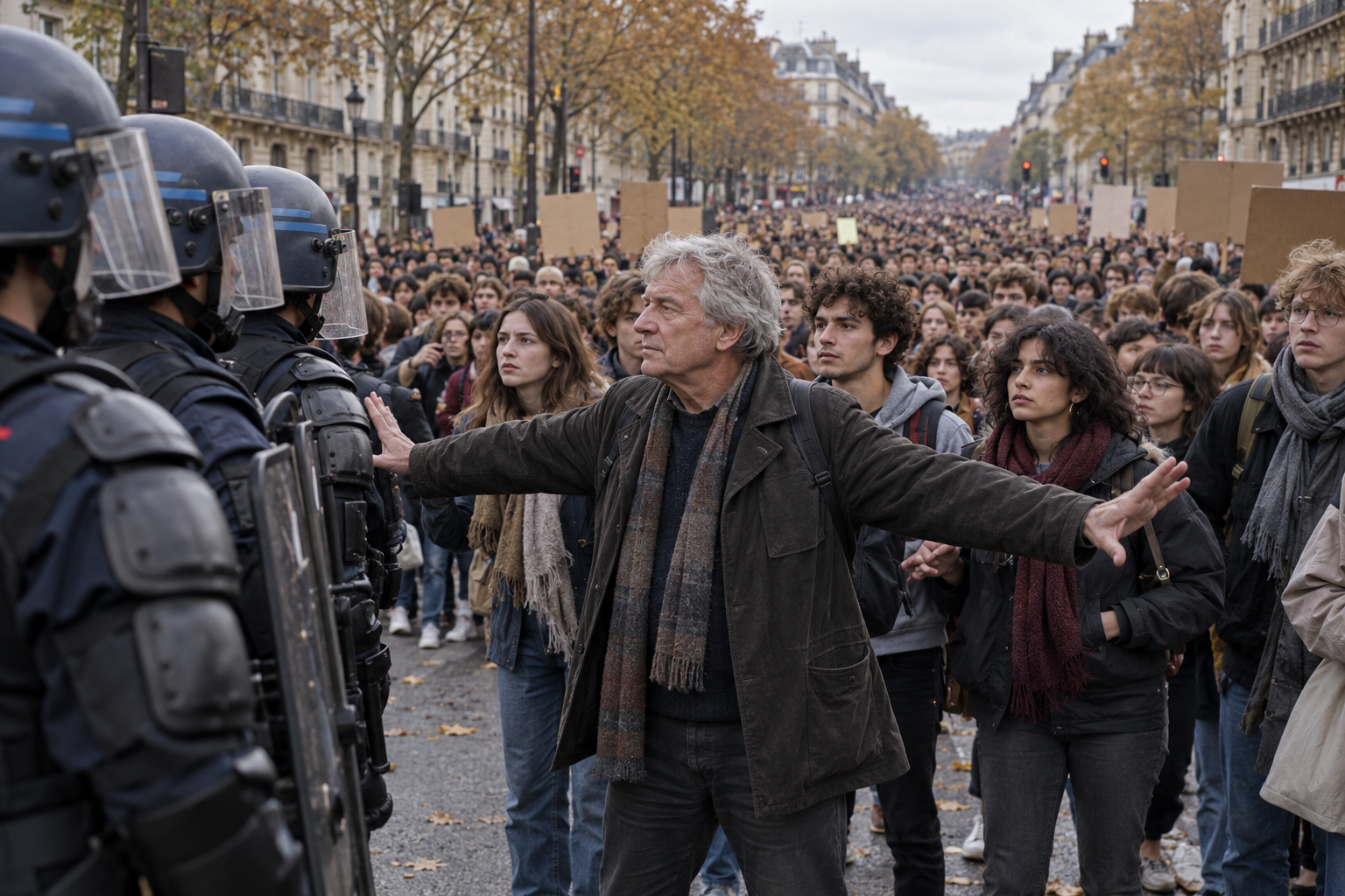 Un uomo con le braccia aperte si frappone tra un cordone di polizia e un grande corteo di giovani manifestanti